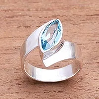 Blue topaz cocktail ring, 'Marquise Ocean' - Marquise Blue Topaz Cocktail Ring from Bali