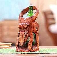 Hand-Carved Wood Octopus Wine Holder from Bali,'Octopus Sommelier'