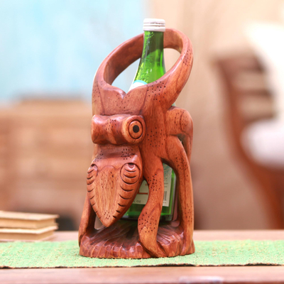 Weinhalter aus Holz - Handgeschnitzter Oktopus-Weinhalter aus Holz aus Bali