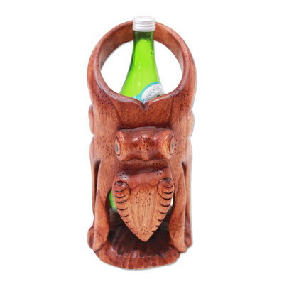 Wood wine holder, 'Octopus Sommelier' - Hand-Carved Wood Octopus Wine Holder from Bali