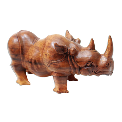 Wood sculpture, 'Sturdy Rhino' - Hand-Carved Suar Wood Rhino Sculpture from Bali