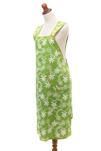 Batik cotton apron, 'Kitchen Flowers in Lime' - Floral Batik Cotton Apron in Lime from Java