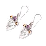 Amethyst and citrine dangle earrings, 'Swirl Drops' - Swirl Pattern Amethyst and Citrine Dangle Earrings
