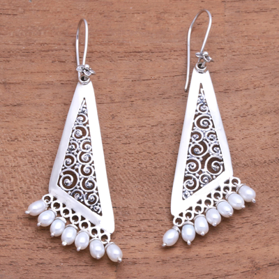 Cultured pearl chandelier earrings, 'Swirling Triangles' - Swirl Pattern Cultured Pearl Chandelier Earrings from Bali