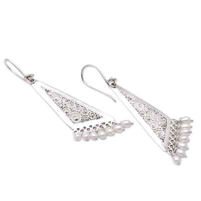 Cultured pearl chandelier earrings, 'Swirling Triangles' - Swirl Pattern Cultured Pearl Chandelier Earrings from Bali