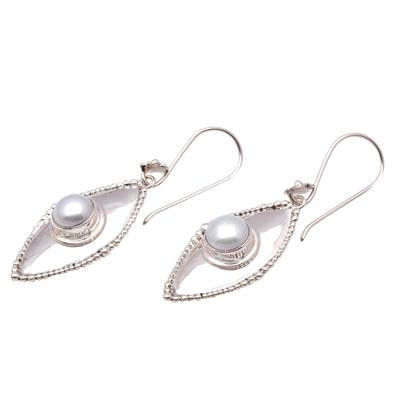 Cultured pearl dangle earrings, 'Moonlight Shields' - Cultured Pearl Dangle Earrings Crafted in Bali