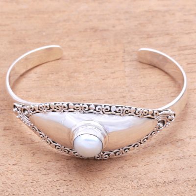 Cultured pearl cuff bracelet, 'Moonlight Shield' - Cultured Pearl Cuff Bracelet Crafted in Bali