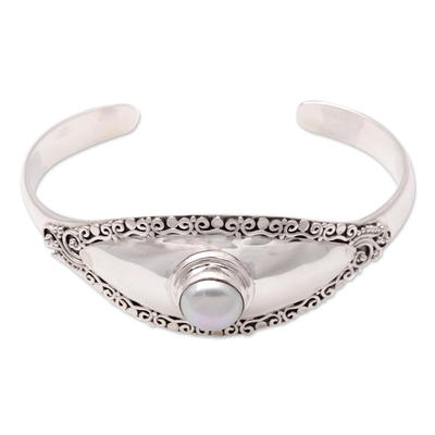 Cultured pearl cuff bracelet, 'Moonlight Shield' - Cultured Pearl Cuff Bracelet Crafted in Bali
