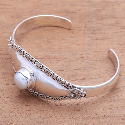 Cultured pearl cuff bracelet, 'Moonlight Shield' - Cultured Pearl Cuff Bracelet Crafted in Bali