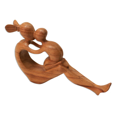 Wood sculpture, 'Her Love Will Never Fade' - Natural Suar Wood Mother and child Sculpture from Bali
