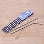 Stainless steel straws, 'Hydrate' (pair) - Stainless Steel Drinking Straws with Storage Pouch