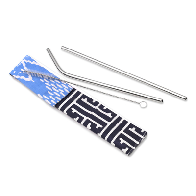 Stainless steel straws, 'Hydrate' (pair) - Stainless Steel Drinking Straws with Storage Pouch
