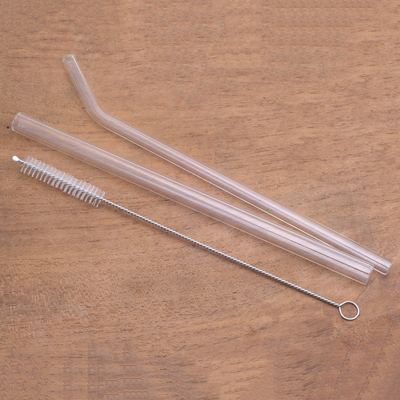 Glass drinking straws, 'Visible Water' (pair) - Tempered Glass Drinking Straws with Pouch (Pair)