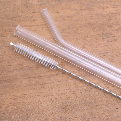 Glass drinking straws, 'Visible Water' (pair) - Tempered Glass Drinking Straws with Pouch (Pair)