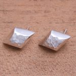 Sterling silver button earrings, 'Hammered Diamonds' - Diamond-Shaped Sterling Silver Button Earrings from Bali