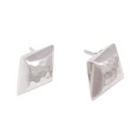 Sterling silver button earrings, 'Hammered Diamonds' - Diamond-Shaped Sterling Silver Button Earrings from Bali