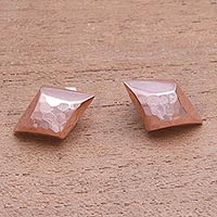 Rose gold plated sterling silver button earrings, 'Hammered Diamonds' - Diamond-Shaped Rose Gold Plated Sterling Silver Earrings