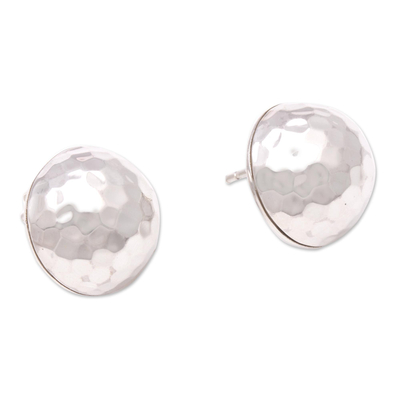 Sterling silver button earrings, 'Hammered Domes' - Domed Sterling Silver Button Earrings from Bali