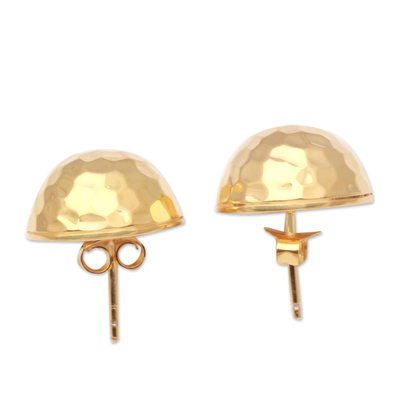 Gold plated sterling silver button earrings, 'Hammered Domes' - Domed Gold Plated Sterling Silver Button Earrings from Bali