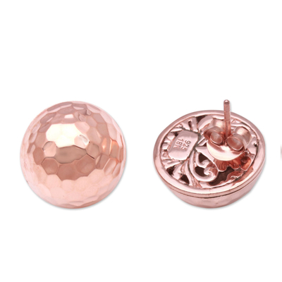 Rose gold plated sterling silver button earrings, 'Hammered Domes' - Domed Rose Gold Plated Sterling Silver Button Earrings