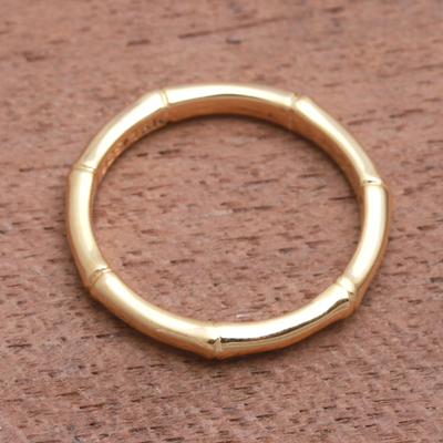 Gold plated sterling silver band ring, 'Bamboo Regeneration' - Bamboo Motif Silver Band Ring Bathed in 18k Gold