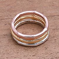 Anillos de plata de ley bañados en oro, 'Bamboo Trio' (juego de 3) - 3 anillos con motivos de bambú en plata, oro y oro rosa