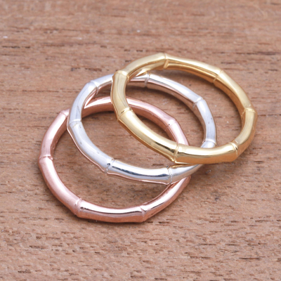 Gold plated sterling silver band rings, 'Bamboo Trio' (set of 3) - 3 Bamboo Motif Rings in Silver, Gold and Rose Gold
