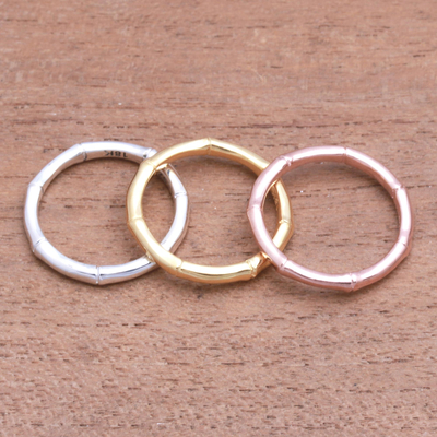 Anillos de plata de primera ley con baño de oro, (juego de 3) - 3 anillos con motivo de bambú en plata, oro y oro rosa