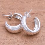 Sterling silver half-hoop earrings, 'Radiant Shine' - Balinese Sterling Silver Half-Hoop Earrings