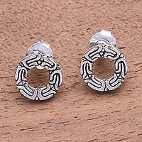 Sterling silver stud earrings, 'Round Borobudur'