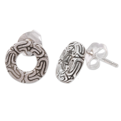 Sterling silver stud earrings, 'Round Borobudur' - Circular Patterned Sterling Silver Stud Earrings from Bali