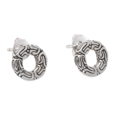 Sterling silver stud earrings, 'Round Borobudur' - Circular Patterned Sterling Silver Stud Earrings from Bali