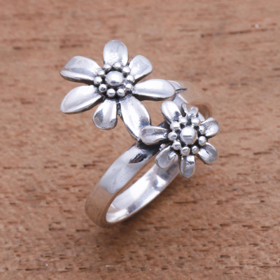 Sterling silver cocktail ring, 'Flower Duo' - Double Flower Sterling Silver Cocktail Ring from Bali