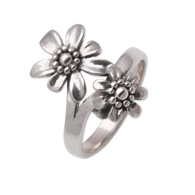 Double Flower Sterling Silver Cocktail Ring from Bali - Flower Duo | NOVICA