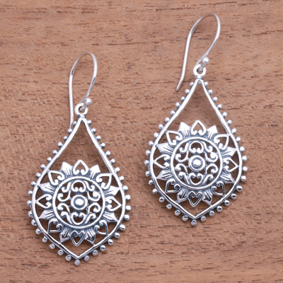 Sterling silver dangle earrings, 'Jagaraga Sun' - Sun Pattern Sterling Silver Dangle Earrings from Bali