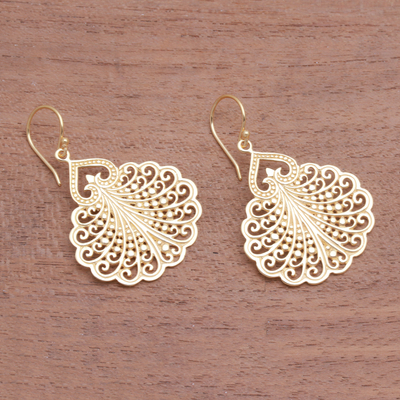 Gold plated sterling silver dangle earrings, 'Peacock's Tail' - Fan Pattern Gold Plated Sterling Silver Dangle Earrings