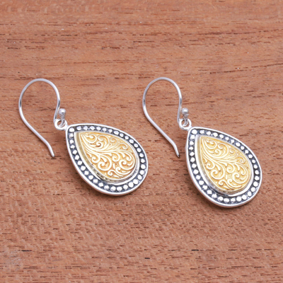 Gold accented sterling silver dangle earrings, 'Droplet Frames' - Swirl Pattern Gold Accented Sterling Silver Dangle Earrings