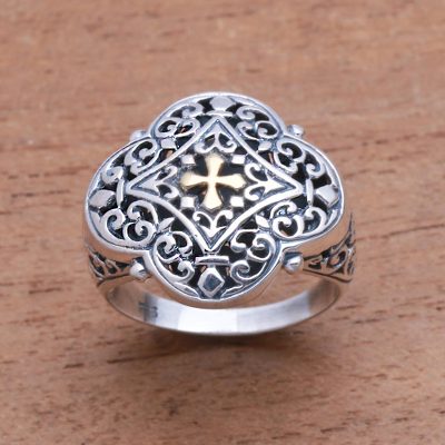 Gold accented sterling silver signet ring, 'Jagaraga Prince' - Cross-Themed Gold Accented Sterling Silver Signet Ring