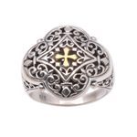 Gold accented sterling silver signet ring, 'Jagaraga Prince' - Cross-Themed Gold Accented Sterling Silver Signet Ring