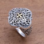Gold accented sterling silver signet ring, 'Jagaraga Prince' - Cross-Themed Gold Accented Sterling Silver Signet Ring