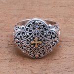 Gold accented sterling silver signet ring, 'Jagaraga Prince' - Cross-Themed Gold Accented Sterling Silver Signet Ring