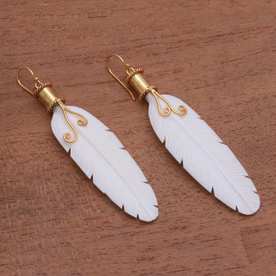 Gold accented bone dangle earrings, 'Heavenly Feathers' - Gold Accented Bone Feather Dangle Earrings from Indonesia