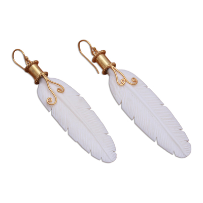 Gold accented bone dangle earrings, 'Heavenly Feathers' - Gold Accented Bone Feather Dangle Earrings from Indonesia
