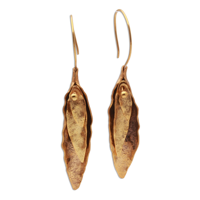 Gold plated dangle earrings, 'Luxurious Leaves' - Modern Gold Plated Brass Dangle Earrings from Indonesia