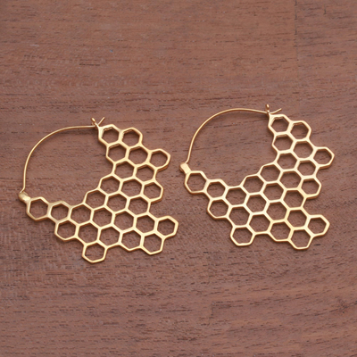 Gold plated hoop earrings, 'Golden Honeycomb' - Hexagon Pattern Gold Plated Brass Hoop Earrings