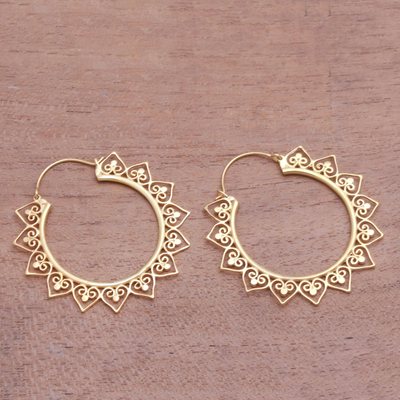 Gold plated hoop earrings, 'Sunrise Elegance' - Sun-Shaped Gold Plated Brass Hoop Earrings from Indonesia