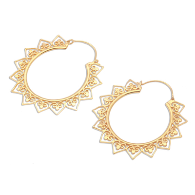 Gold plated hoop earrings, 'Sunrise Elegance' - Sun-Shaped Gold Plated Brass Hoop Earrings from Indonesia