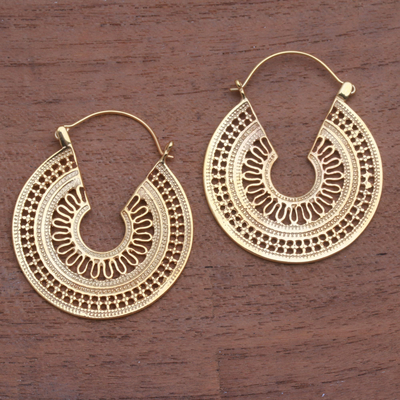 Gold plated hoop earrings, 'Midday Sun' - Circular Gold Plated Brass Hoop Earrings from Indonesia
