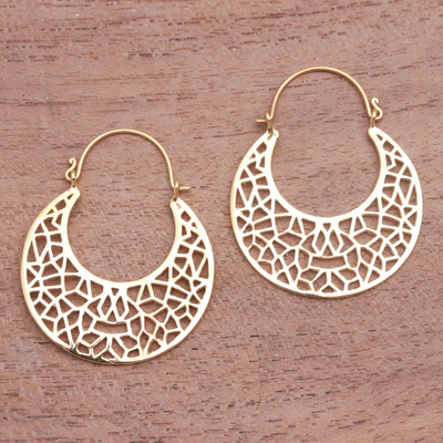 Gold plated hoop earrings, 'Icebreaker' - Geometric Openwork Gold Plated Brass Hoop Earrings