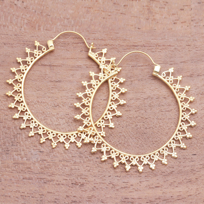 Gold plated hoop earrings, 'Fascinating Sun' - Artisan Crafted Gold Plated Brass Hoop Earrings